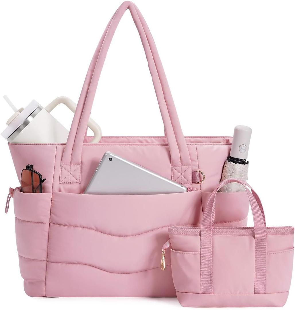 Wandering Nature Work Tote Bag with Cup Holder, Nurse Bag 2 Set, 15.6" Laptop Compartment & Trolley Sleeve for Women, Travel (Pink)