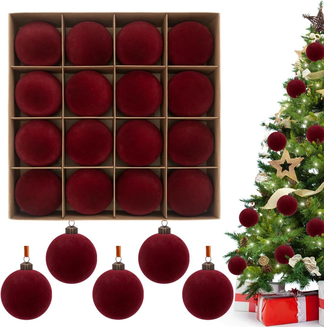 3.15" Burgundy Velvet Christmas Ball Ornaments Set, 16 pcs Flocked Red Xmas Tree Decoration, Large Shatterproof Decorative Hanging Balls for Party Holiday Wreath Garland Home Dcor