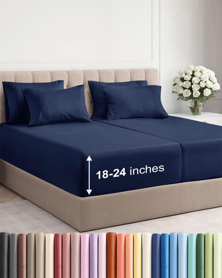 Extra Deep Split King Sheet Set - 7 Piece Breathable and Cooling Sheets - Hotel Luxury Bedding for Women, Men, Kids & Teens - Easy Secure Fit - Soft and Wrinkle Free - Extra Deep Pockets - Navy Blue