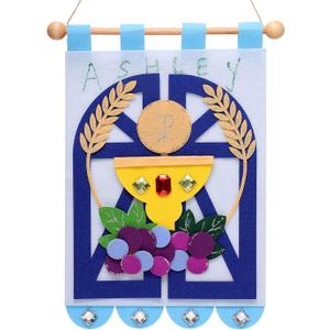 Mindsoft First Communion Banner Kit 9 x 12 Inches Catholic Craft Pack Banner Decorating Kit with Felt Pieces Glitter Pens Glue Gems DIY Sunday Church Activity for Baptism Party Decoration(Blue)