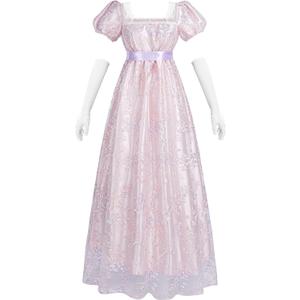 LTAKK Regency Dress Women Regency Costume Empire Waist Tea Party Embroidery Victorian Gown with Sash and Gloves (Medium, Lilac)