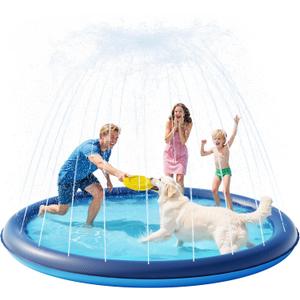 QPAU Splash Pad with Flying Disc for Dogs & Kids  87" Non-Slip Sprinkler Pool, Durable 0.52mm Thick Water Play Mat for Toddlers, Baby, Boys, Girls, Pets  Fun Summer Outdoor Toy (Blue)