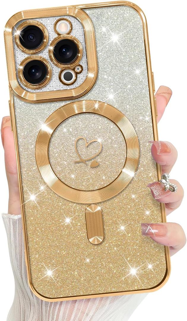 Bonoma Compatible with iPhone 13 Pro Case Support for MagSafe, Plating Heart Glitter Magnetic 2* Screen Protector TPU Camera Protection Back Cover for Girls Women -Gold