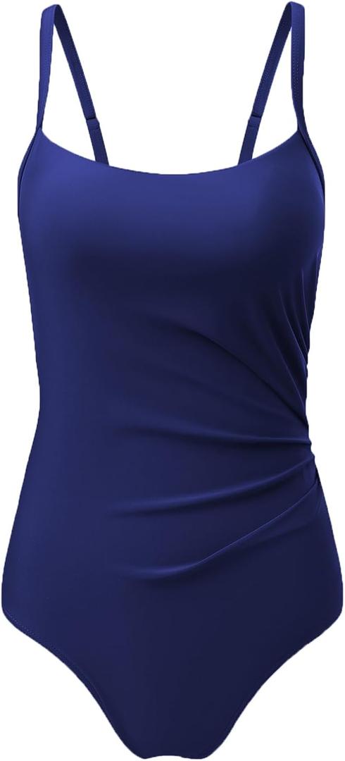 Aleumdr Women's One Piece Swimsuit Ruched Tummy Control Bathing Suit Square Neck Push Up Swimwear (X-Large, Navy Blue)