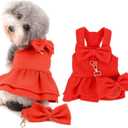 Ranphy Pet Red Bowknot Winter Dress for Small Dogs Girlsl Woolen Coat with Leash and D-Ring Cats Puppy Warm Clothes Birthday New Years Christmas Party,Red,S