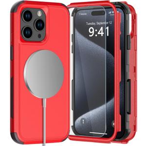 Diverbox for iPhone 15 Pro Phone Case,iPhone 15 Pro Magnetic Case [with Tempered Glass Screen Protector] Heavy Duty Phone Case for iPhone 15 Pro Case (RED)