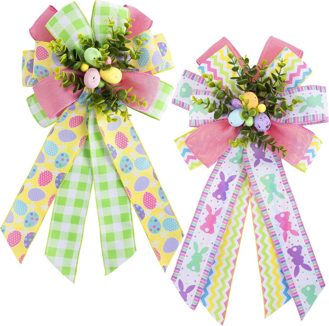 2 Pack Large Easter Wreath Bows, 12 x 20 Colorful Spring Easter Basket Bows with Easter Eggs and Bunny Rabbit Pattern, Multilayer Burlap Tree Topper Bows for Wreath Decoration Front Door Wall Decor