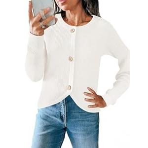 Saodimallsu Womens Cropped Cardigan Sweaters Button Up Long Sleeve Crewneck Fall Dressy Casual Knit Sweater Jackets (Small, White)