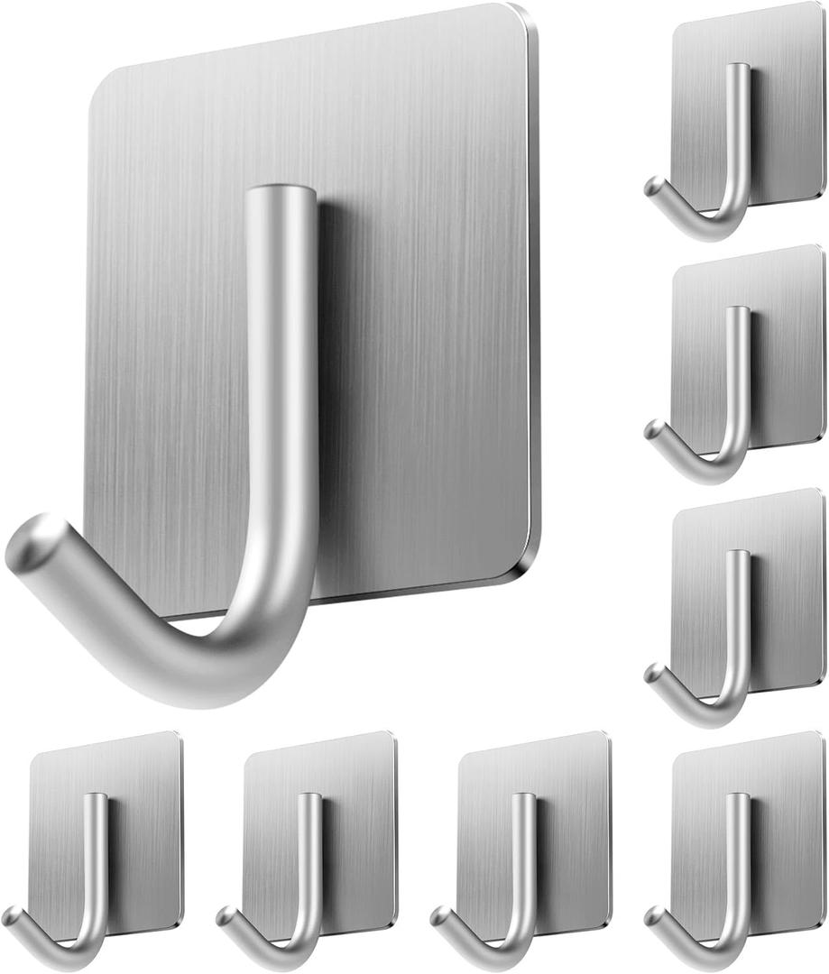 Adhesive Hooks, 8 Pack Towel Hooks Wall Hooks for Hanging, Stick on Hooks, Adhesive Towel Hooks for Bathroom Door Hanger Kitchen Closet Cabinet Stainless Steel-Brushed Nickel