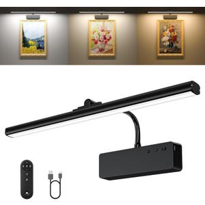 Picture Light, 15.35inch Wireless Picture Lights for Wall Rechargeable, 5400mAh Battery Wall Light with Remote, 3 Color Art Lighting for Paintings with Timer and Dimmable for Display, Gallery (Black)