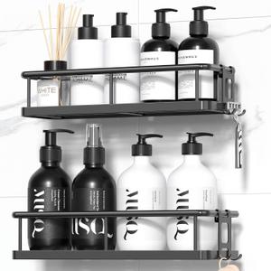 YASONIC Adhesive Shower Caddy, 2 Pack Black Shower Shelves for Inside Shower, Rustproof Shower Organizer with Soap and Toothbrush Holder, No Drilling Shower Storage for Bathroom/Kitchen