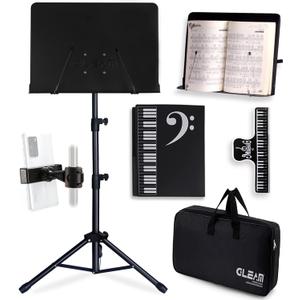 GLEAM Sheet Music Stand - Full Metal with Carrying Bag, Phone Holder, Sheet Music Folder and Clip, 5 in 1 Desktop Book Stand