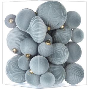 Flocked Ornaments for Christmas Tree Decorations - 35pcs Gray Velvet Ball Ornament for Winter Holiday Decor - Dusty Blue Plastic Shatterproof Xmas Ornaments Bulk (Grey)