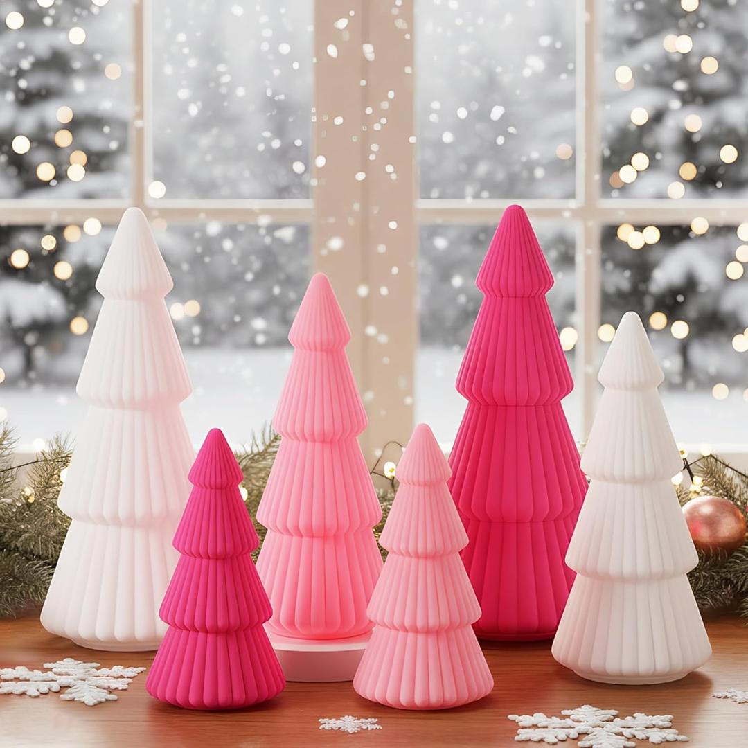 Thyle 6 Piece Pink Christmas Ornaments Velvet Christmas Tree, Cone-Shaped Indoor Xmas Decoration Centerpieces for Table Shelves, Living Room Home, Cabinet Mantel Decorations