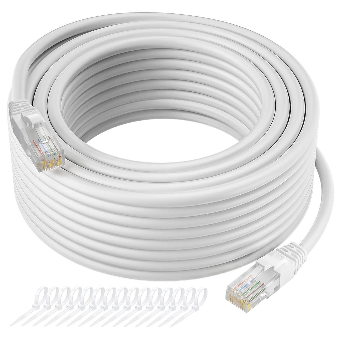 Cat5e Ethernet Cable 100 FT, Long Cat 5e Internet Cable, White Snagless Patch Cord, Flexible, Network, LAN, PoE, Standard RJ45 Connector for PC, Server, Router, Modem, TV, PS5 - with 15 Cable Ties (100ft)