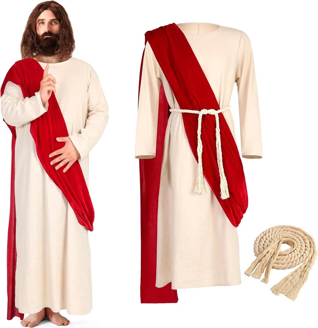 Haull Jesus Biblical Costume Adult Men Robe Costume Includes Scarf Waist Rope (X-Large, White, Red)