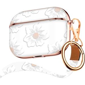Maxjoy for Airpods Pro 2 Case Cover,Cute Electroplating with Gold Heart Pattern with Lanyard Shockproof Cover for Girls Woman Airpods Pro 2 Generation Case-White Trumpet Flower