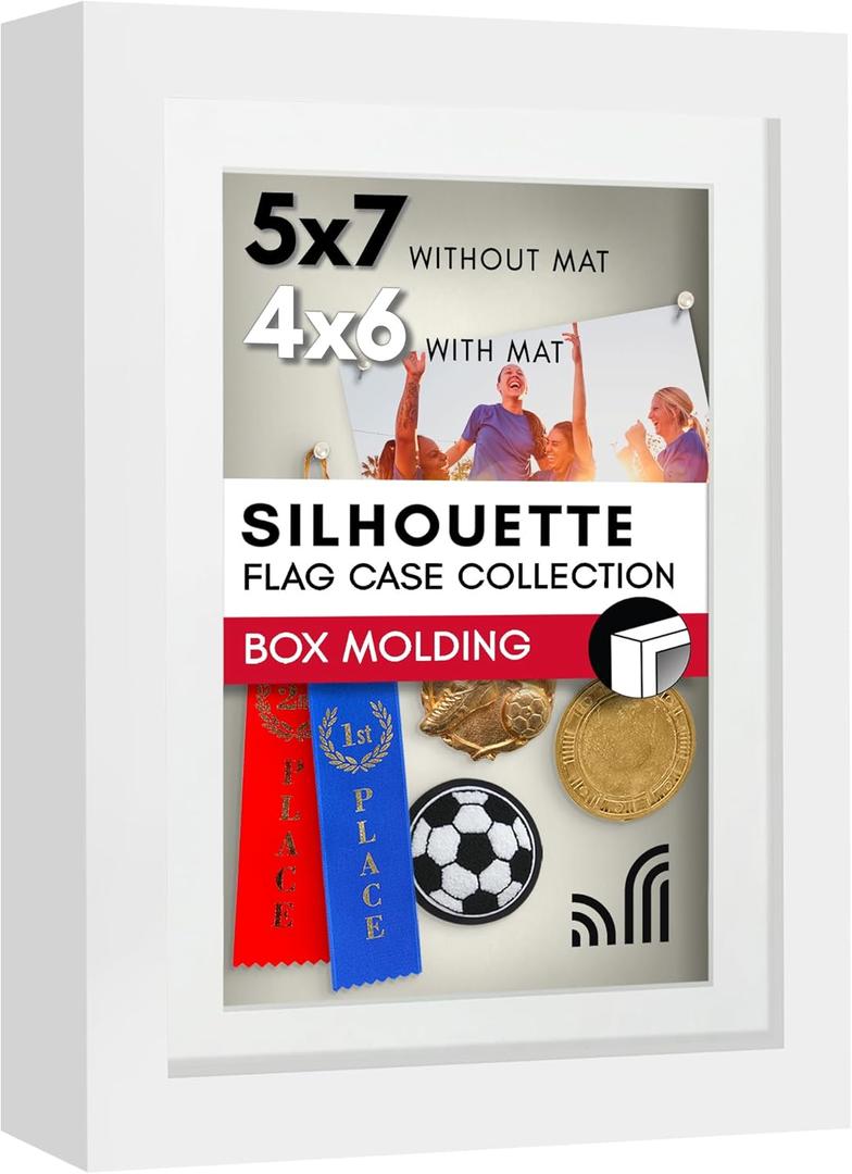 Americanflat 5x7 Shadow Box Frame with Shatter-Resistant Glass - Use as 4x6 Frame with Mat or 5x7 Without Mat - Silhouette Collection - White with Soft Felt Back