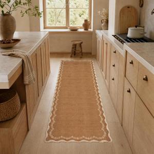 GarveeHome 2x6 Scalloped Washable Runner Rug for Kitchen, Soft Brown Hallway Runner Non Slip Entryway Rug Farmhouse Thin Laundry Mat Stain Resistant Carpet for Bedroom Bathroom Beside Rug