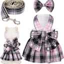 Dog Plaid Dress Harness and Leash Set with Pearls Bow Adjustable Puppy Dress Mesh Vest Bow Knot Pet Clothes for Cute Girl Dog Cat (Medium, Pink&Black)