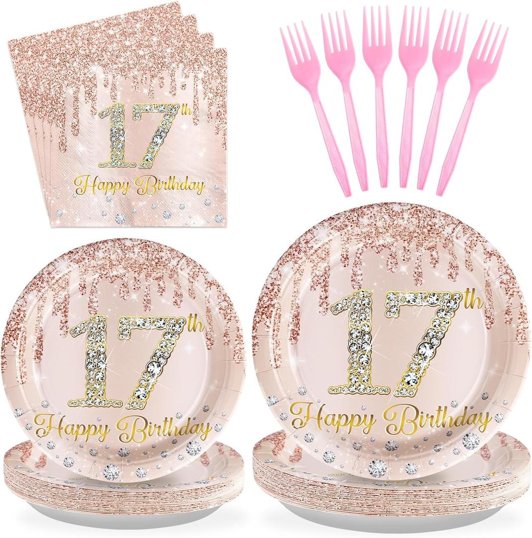 96 PCS 17th Birthday Party Decorations Rose Gold 17 Years Old Birthday Party Plates and Napkins Disposable 17th Birthday Paper Tableware Set for Girls Seventeen Birthday Party Supplies, Serves 24