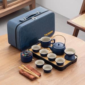 14-Piece Portable Ceramic Travel Tea Set - Chinese Kung Fu Tea Kit with Bamboo Tray & Leather Carry Bag (Blue) for Home/Office/Camping/Gifting