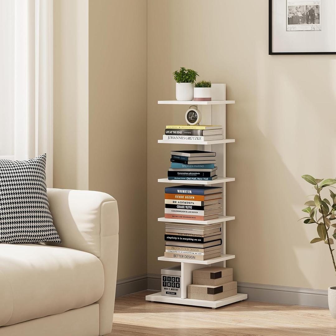 TUTOTAK Narrow Bookshelf, 6-Tier Bookcase, Spine Book Shelf for Small Space, Corner Standing Shelf for Living Room, Office, Study, Entryway, White BS06BW016