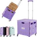 Foldable Utility Cart Folding Portable Rolling Crate Handcart with Durable Heavy Duty Plastic Telescoping Handle Collapsible 4 Rotate Wheels for Travel Shopping Moving Luggage Office Use (Purple)