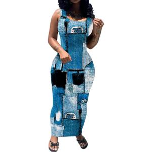 PINSV Women's Sexy Bodycon Tank Dress Basic Sleeveless Long Maxi Dresses Party Club Beach Sundresses, M Denim Print