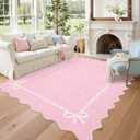 GarveeHome Scalloped Bow Rug for Living Room, Solid Pink Rug for Dorm, Washable Rugs 5x7 Soft Low Pile Non Slip Scalloped Rugs for Nursery College Bedroom Decor Kids Room Playroom