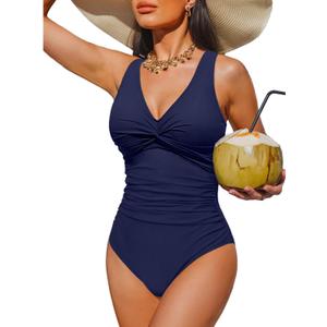 Holipick Women Tummy Control One Piece Swimsuit - Push Up Bathing Suit Full Coverage Slimming Swimwear (Large, Navy Blue)