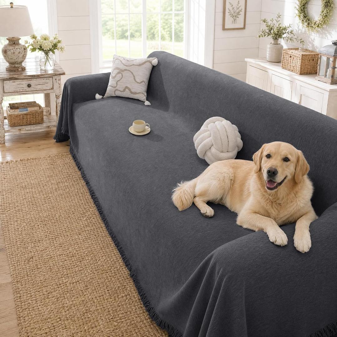 Chenille Couch Cover for Dogs Washable Boho Throw Blanket Washable | 71"118",Dark Gray, Soft Chenille, Tassel Design, Pet Friendly, Furniture Protector, for Couch, Sofa, Bed, Living Room