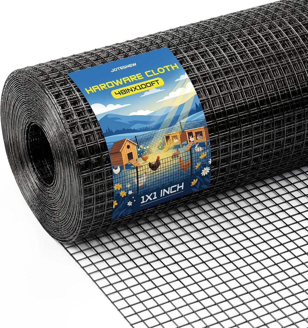 Black 1 inch Hardware Cloth 48in x 100ft 16 Gauge Black Coated Welded Wire Fence Vinyl Metal Wire Mesh for Chicken Coop Barrier, Rabbit Snake Fences, Poultry Enclosures