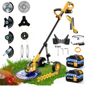 20000 RPM Electric Stringless Weed Wacker, Cordless Weed Eater Battery Powered 6000mAh, 4-in-1 Brush Cutter Heavy Duty/Weed Trimmer/Lawn Mower Edger W/Wheel Metal Blade, 2 Battery Garden Yard Tool