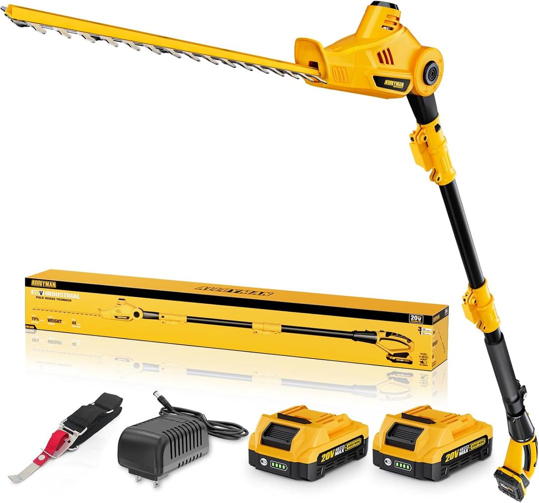 Alloyman 20V MAX Pole Hedge Trimmer, Telescoping Pole Hedge Trimmer with 2 Packs 2.0Ah Batteries & Charger,8 Feet Hedge Trimmer for Shrubs Pruning (Yellow)