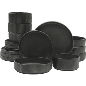 Gibson Elite Deerfield 16-Piece Stoneware Dinnerware Set  Matte Black Reactive Glaze Plates and Bowls, Stackable, Modern Design, Service for 4  Microwave & Dishwasher Safe