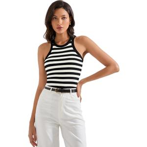 SUUKSESS Women Padded Cotton Ribbed Tank Tops 2025 High Neck Racerback Basic Tops (Medium, Black White Stripe)