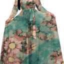 SUZONANA Plus Size Maxi Dresses for Curvy Women Floral Print Dress 3/4 Sleeve Crewneck Floor Length with Belt (Large)