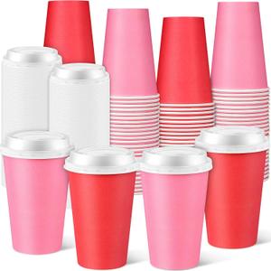 Tioncy 60 Pcs 12oz Mother's Day Coffee Paper Cups with Lids Hot Cocoa Cups Valentines Red Pink Paper Beverage Tumbler Hot Chocolate Cocoa Container for Wedding Anniversary Party Supplies