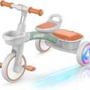 SEREED Colorful Lighting Toddler Tricycle for 2-5 Years Old Boys Girls, Adjustable Seat&Handlebar Trike, Removable Basket, Birthday Gift Idea for Kids Ages 2+ (Gray and orange)