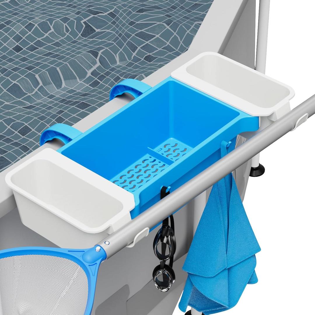 TidyMister 2025 2 Sets XL Poolside Storage Basket with 2 Cup Holder & Pole Hanger, Stretchable Pool Toy Holder Storage for Towels Drinks Pool Accessories Bar for Most Frame Above Ground Swimming Pools
