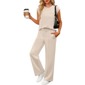 ANRABESS Two Piece Sets for Women Summer Sleeveless Sweatsuits Wide Leg Casual Lounge Set Matching Vacation Travel Outfits (Medium, Apricot)