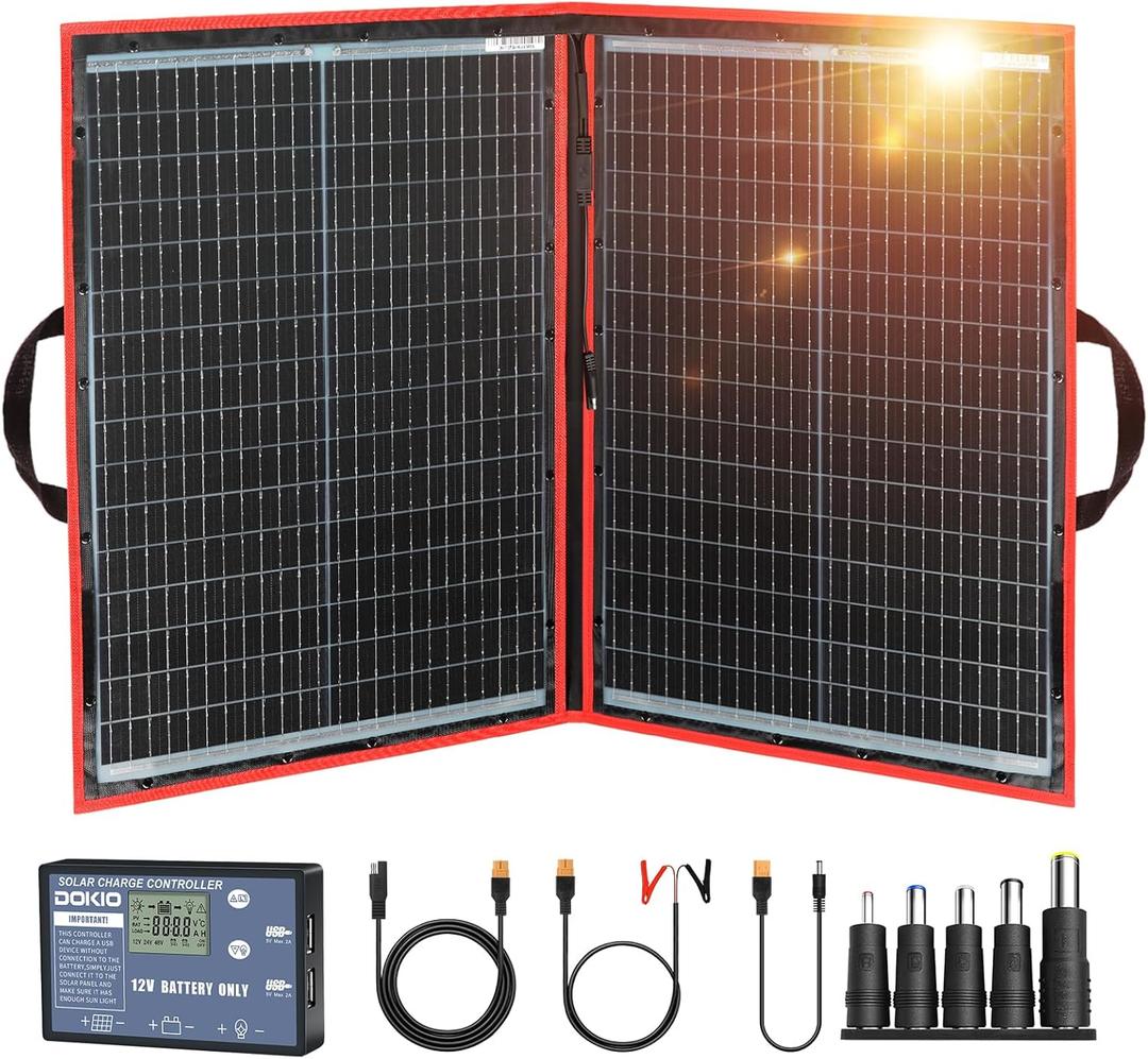 DOKIO 110w 18v Portable Foldable Solar Panel Kit (21x28inch, 5.9lb),Solar Controller 2 USB Output to Charge 12v Batteries/Power Station (AGM, Lifepo4) Rv Camping Trailer Emergency Power