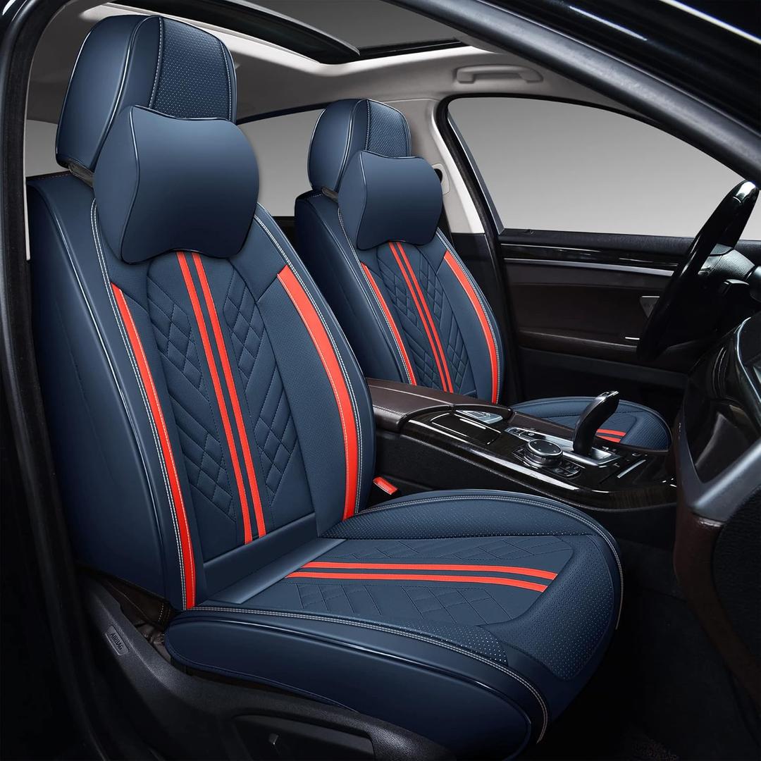 GXT Deluxe Faux Leather Full Coverage Car Seat Cover Anti-Slip Universal Fits for Sedans SUV Pick-up Truck with Headrests,Interior Accessories(Blue and Red Strip)
