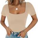 Chunpin Women's Sexy Square Neck Short Sleeve Bodysuit Tops Double Lined Slim Fitted Thong Body Suit, Size Small