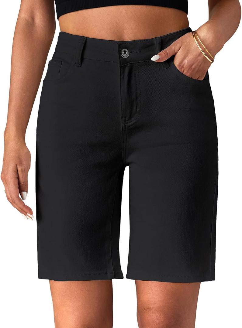 luvamia Bermuda Jean Shorts for Women High Waisted Trendy Stretchy Denim Shorts Knee Length Cutoff Loose Fit Long Shorts (Medium, True Black)