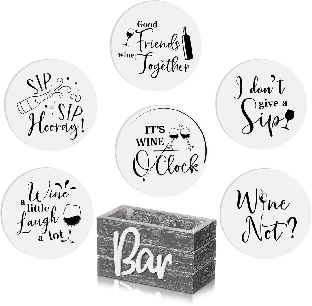 Wine Gifts Coasters for Women Set of 6 Wine Accessories for Lovers House Warming Gifts New Home Funny Cocktail Coasters with Holder for Adults Bar Party, 4 Inch(Gray)
