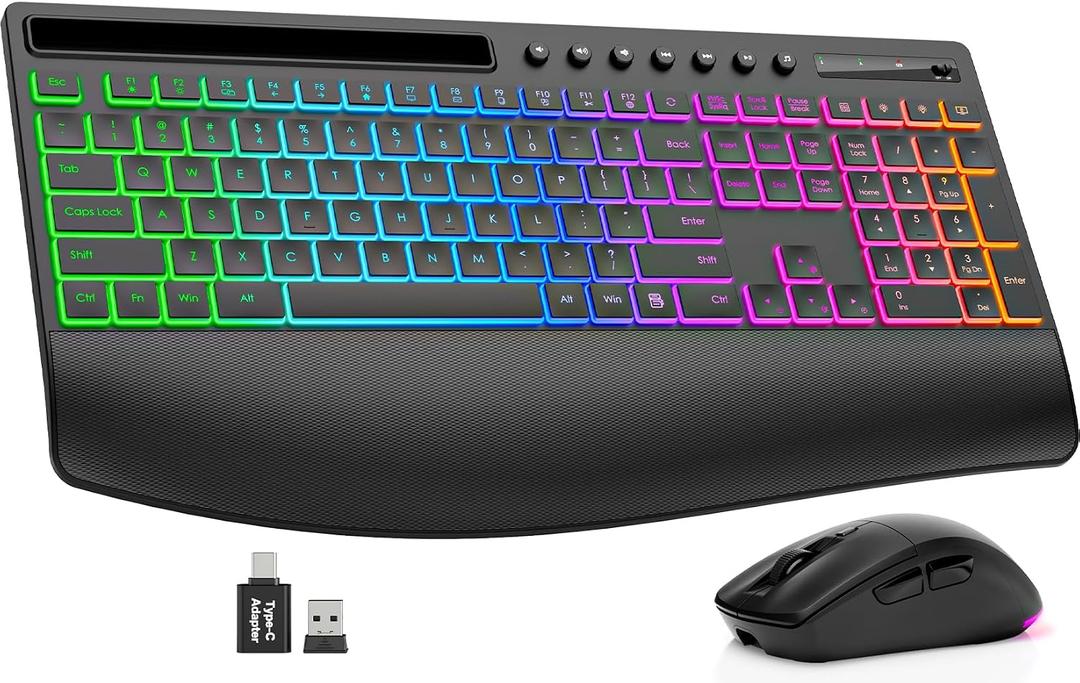 Wireless Keyboard and Mouse Combo - 4000mAh Rechargeable Backlit Keyboard with Wrist Rest & Phone Holder, Full Size Quiet Typing 2.4G USB-A/Type-C for PC, Laptop, Windows, Mac, Trueque KM22 Ultra, Black