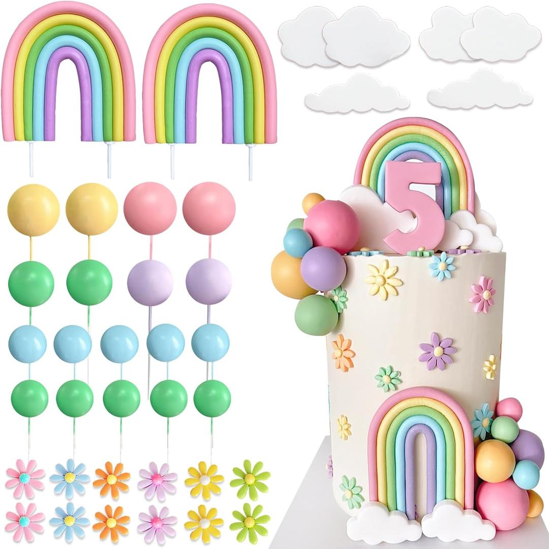 38Pcs Rainbow Cake Topper Boho Groovy Hippie Cake Decorations Pastel Balls Daisy Flower Cake Toppers for Retro Hippie Party Girl Birthday Party Groovy Bohemian Rainbow Wedding Party Supplies