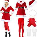 Jamntower 6 Pcs Santa Claus Costume Women Adult May Cosplay Christmas Dress with Belt Hat Necklace Gloves for Xmas Party(Red,XL)